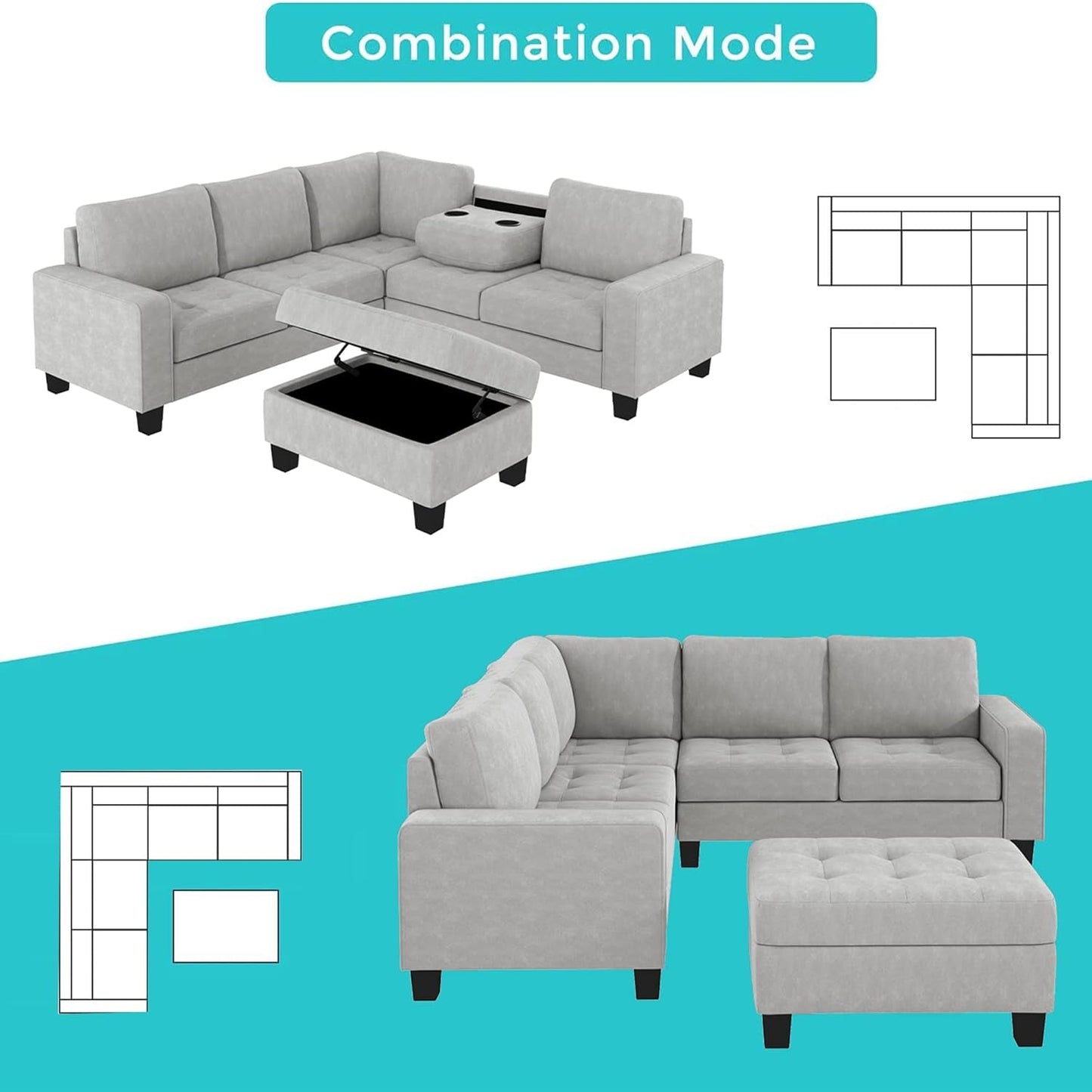 Sectional Sofas 3-Seat Sofa Sectional Sofa Couches with Storage Ottoman and 2 Cup Holders, Sofa Lounge and Ottoman for Living Room Furniture-3