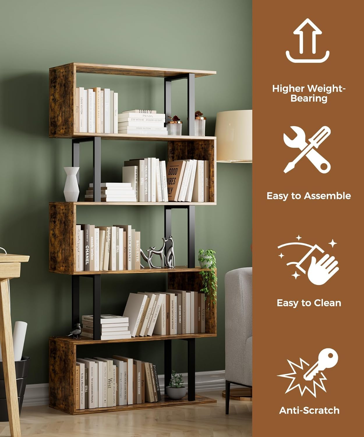 5-Tier Geometric Bookcase,S Shaped Bookshelf, Wood Decorative Storage Shelving, Modern Freestanding Display Shelves, Tall Book Shelf Unit for Living Room Bedroom, Rustic Brown-3