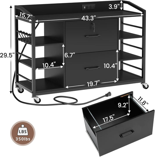 44" File Cabinet, Filing Cabinets Fits Legal, Letter, A4 Size, 2 Drawer Office File Cabinet for Home Office with Lock, Power Strip, 6 Adjustable Shelves & 4 Hooks, Black-1