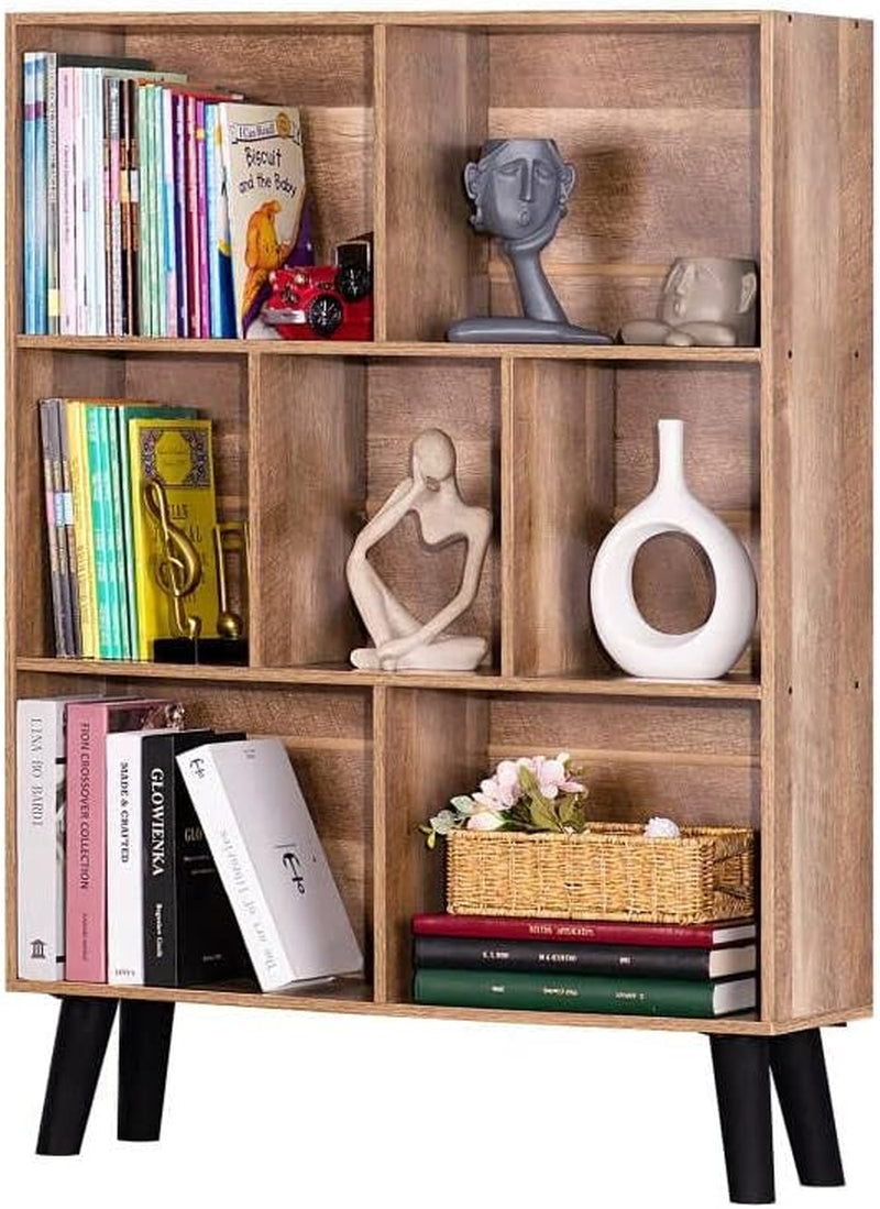 7 Cube Bookshelf 3 Tier Modern Bookcase with Legs,Wood Book Shelves Storage Organizer Shelf,Free Standing Bookcases,Oak Display Bookshelves-0