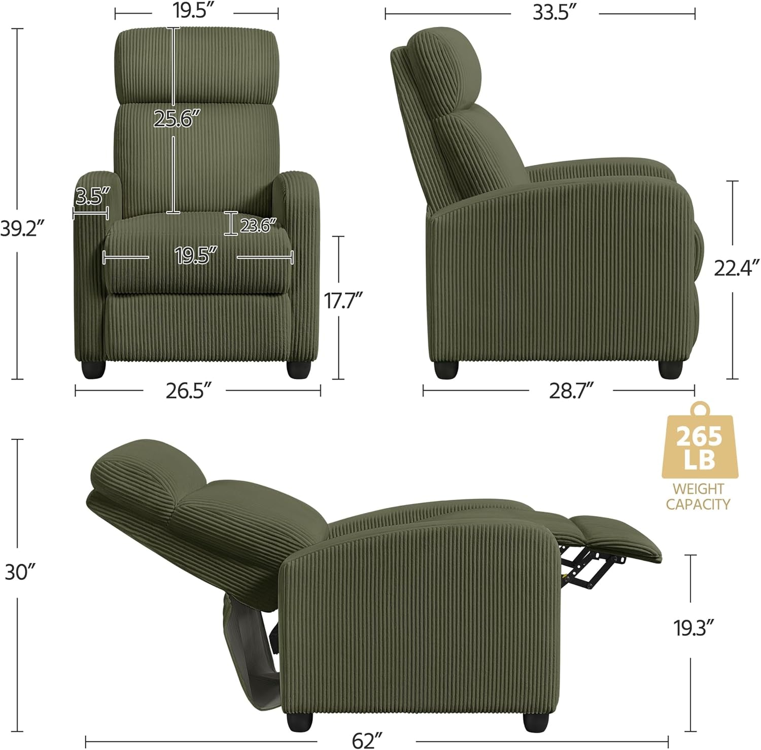 Corduroy Recliner Chair Single Sofa Home Theater Seating Adjustable Modern Reclining Chair for Living Room Bedroom Home Theater Dark Green-2