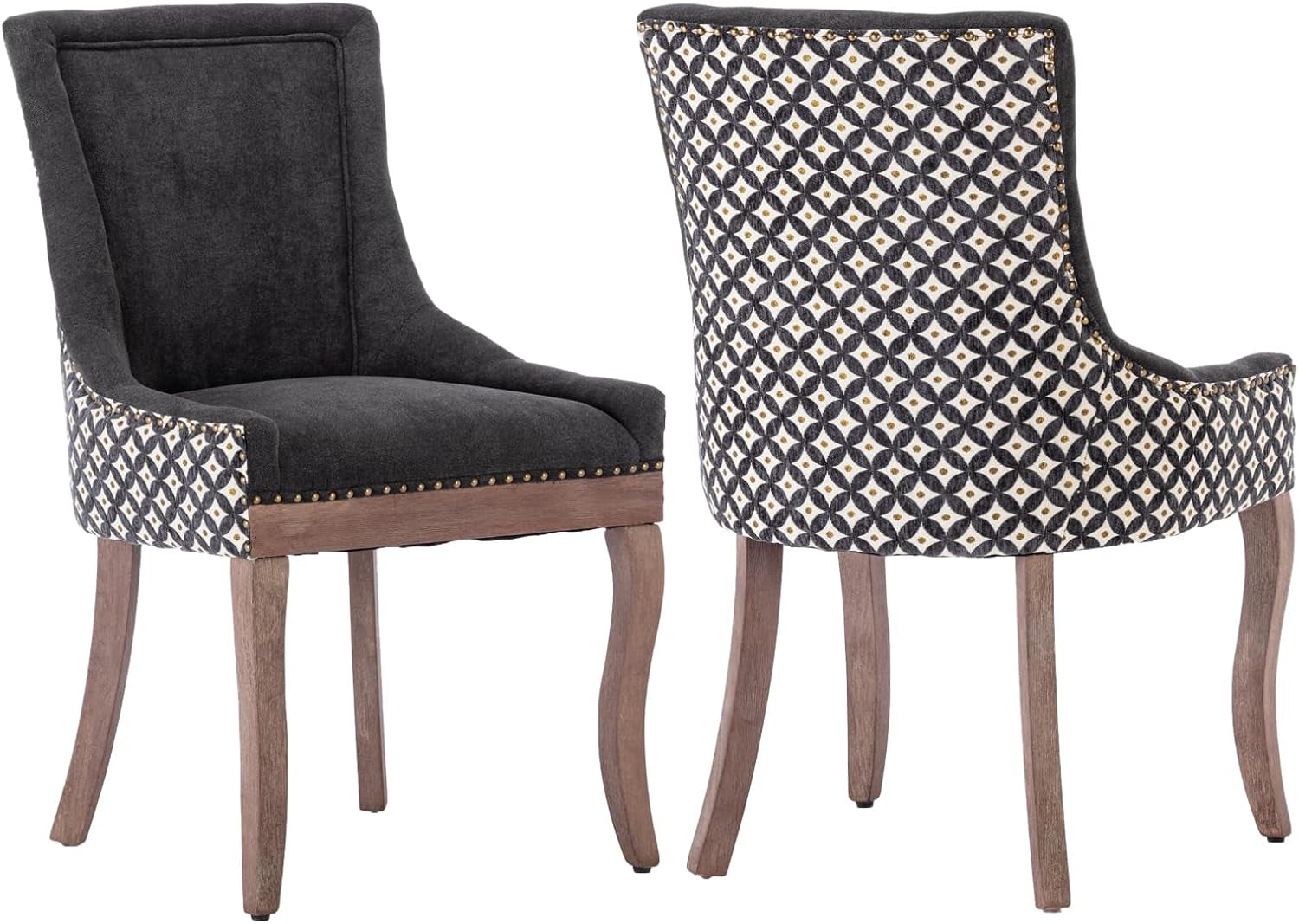 Modern Dining Chairs Set of 2, High Back Dining Chairs Side Chairs with Solid Wood Legs, Upholstered Fabric Dining Room Chairs for Dining Room Kitchen, Black and Patterned-0