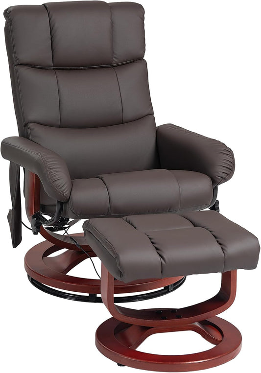 Massage Recliner Chair with Ottoman, Swivel Recliner and Footrest, Faux Leather Reclining Chair with Remote Control and Side Pocket, Brown-0