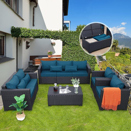 Patio Furniture Set 5 Pieces Outdoor Furniture Sets Patio Couch Outdoor Chairs Coffee Table Peacock Blue Anti-Slip Cushions and Waterproof Covers-1