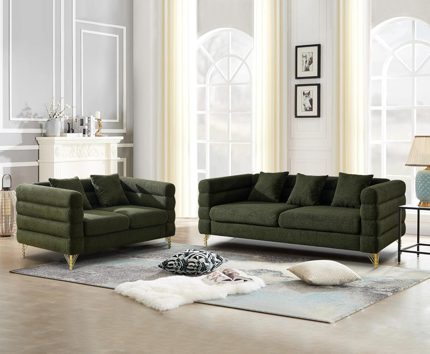 2 Piece Living Room Sofa Set, Comfy Boucle Couch with Loveseat and 3 Seater, Upholstered Sofa Couch with 2 Pillows and Deep Seat Design for Office, Waiting Room, Green Teddy-0