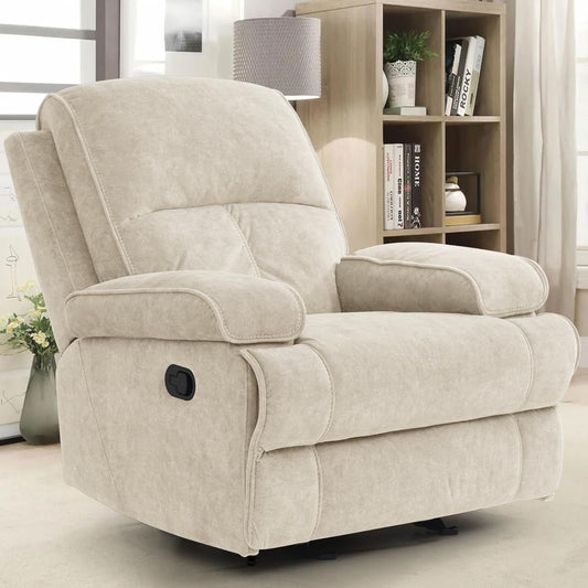Rocker Recliner Chair for Adults, Manual Glider Chair for Nursery, Reclining Single Sofa Chair for Living Room, Upholstered Fabric Armchair, High Back, Deep Seat, Beige-0
