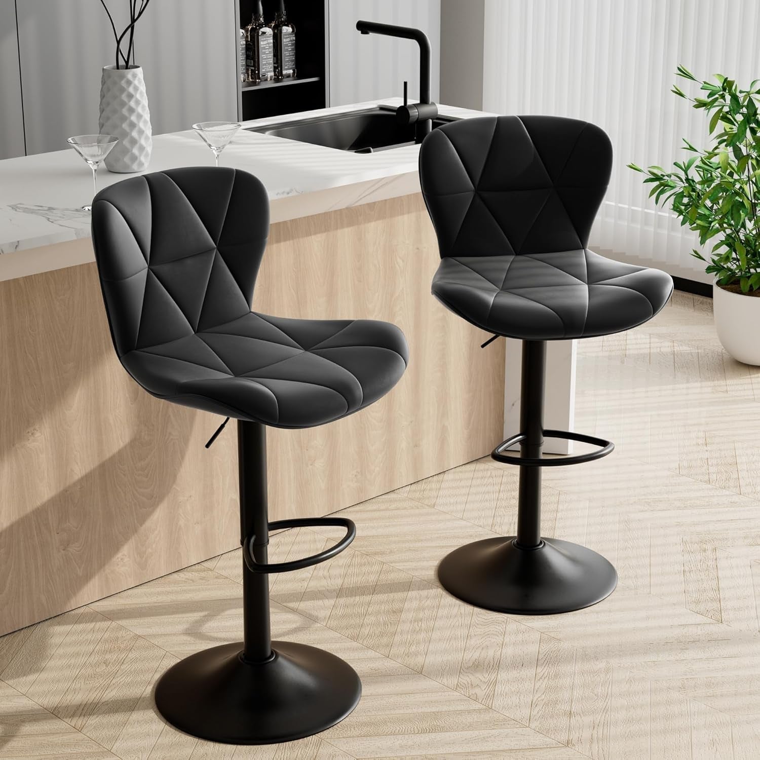 Bar Stools Set of 2,Adjustable Swivel Barstools, Faux Leather Bar Chairs,Upholstered Counter Height with High Backrest for Kitchen Island, Black-0
