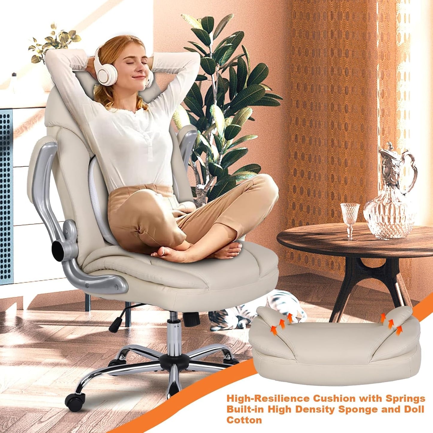 Modern Executive Office Chairs with Lumbar Support90-120 Degree Rocking Managerial Chairergonomic PU Leatherhomeofficedeskchairs with Wheels,Flip-Up Arms & Back Support(White)Medium(300Lbs)-3