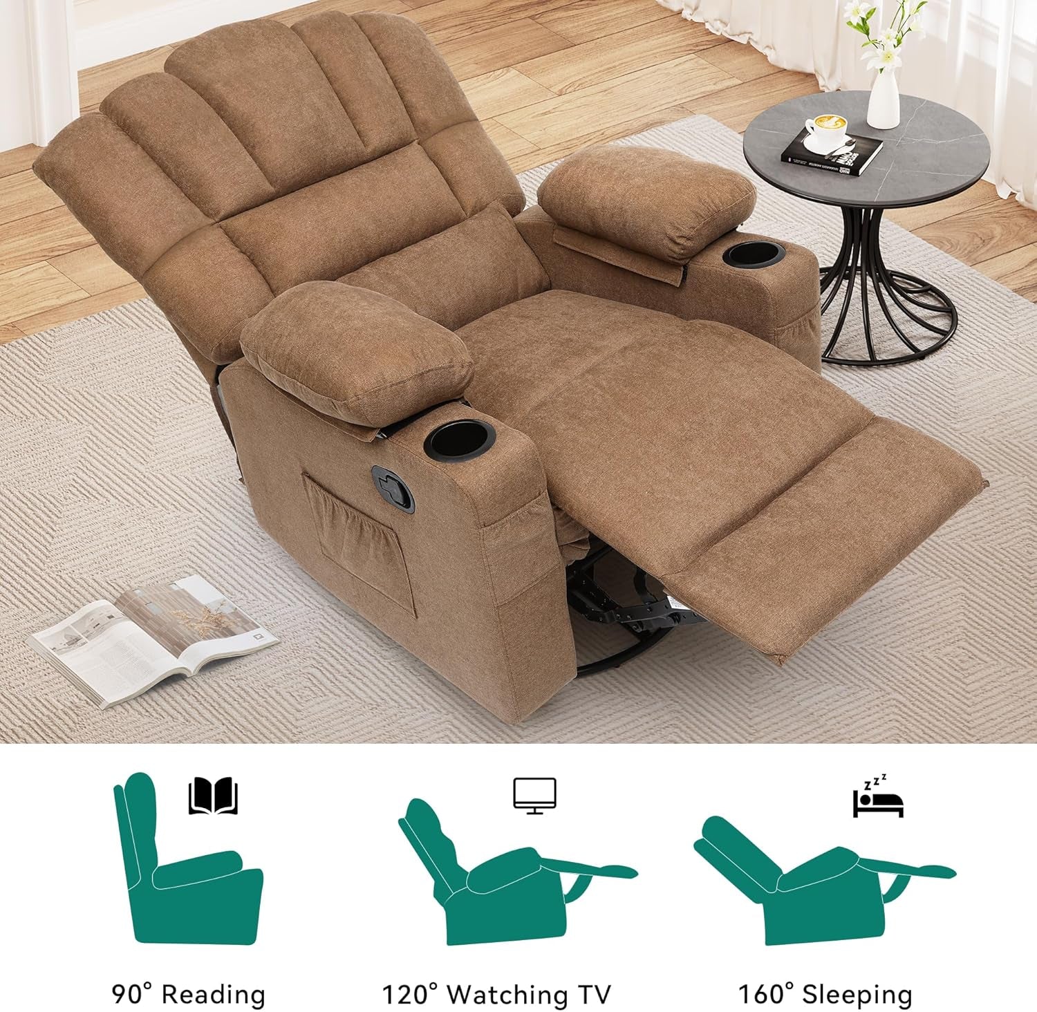 360°Swivel Rocking Recliner, Comfy Recliner Chair, Fabric Manual Reclining Chair with 2 Cup Holders, Side Pockets for Living Room, Bedroom, Home Theater Seating, Brown-3