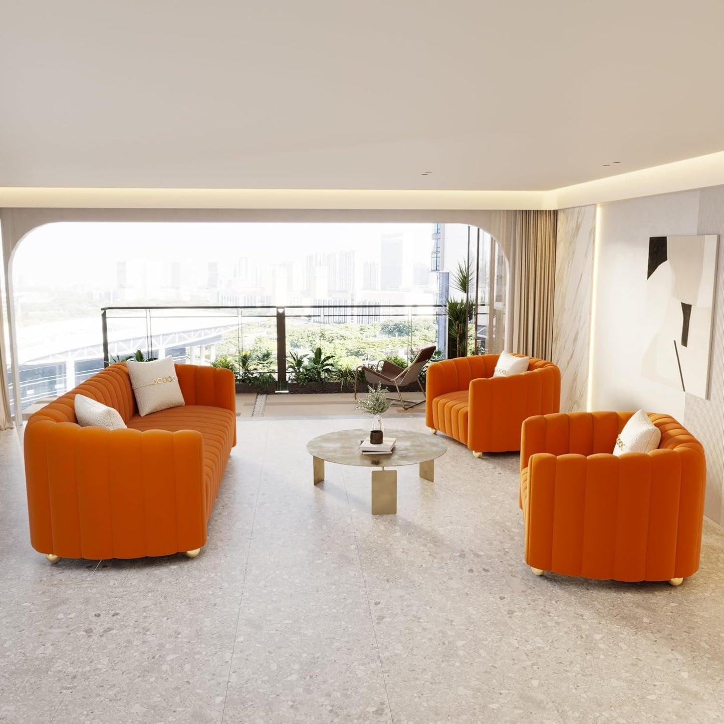 KEAI Velvet Tufted Sofa Set for Living Room, Modern Design Couch Set with Gold Metal Ball Legs, Lovely Upholstered Sherpa Furniture Set for Office (Orange, 1+1+3 Set)-2