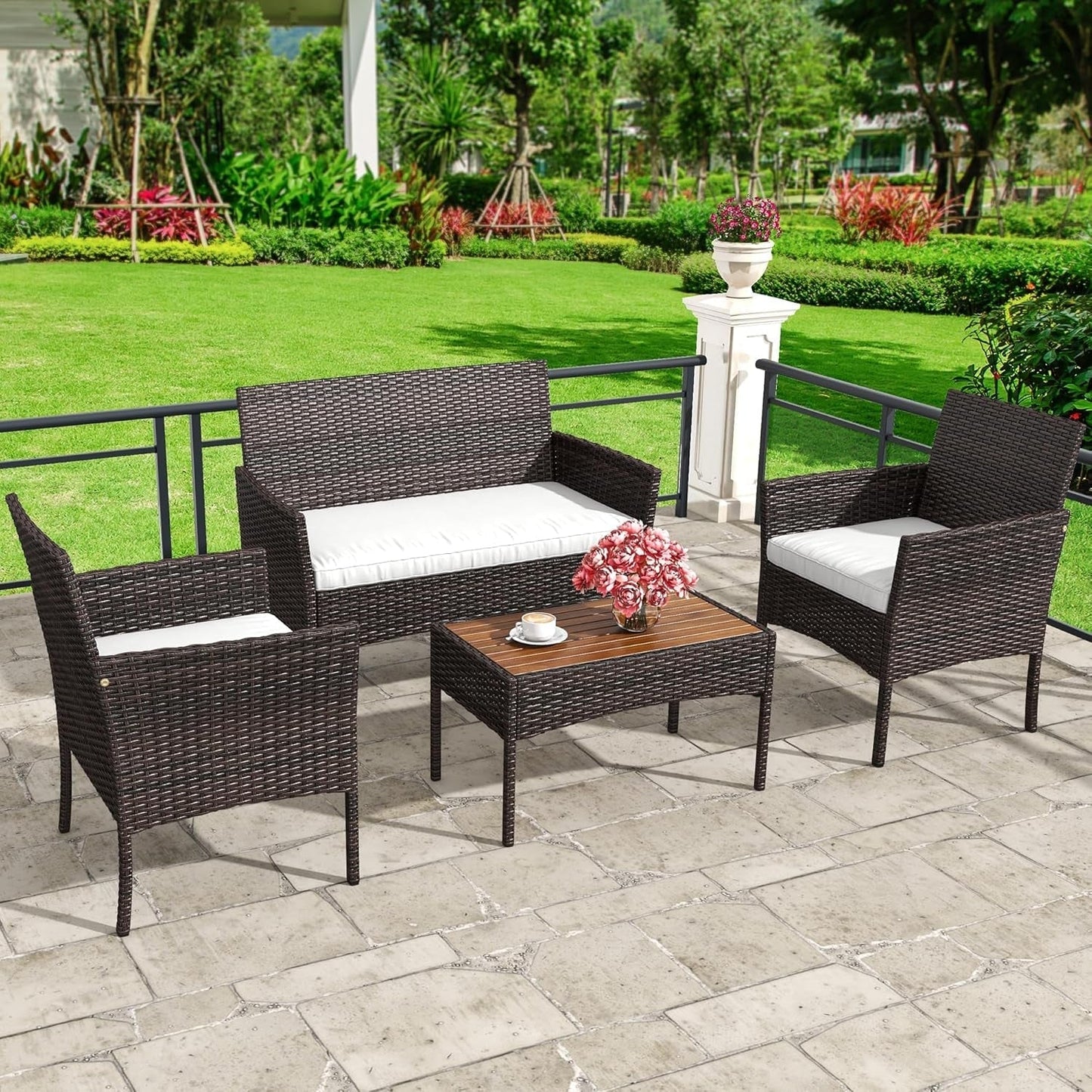 4-Piece Patio Bistro Set, All-Weather Outdoor Patio Furniture Rattan Wicker Loveseat Conversation Set with Wooden Side Table and Soft Cushions, Brown+Beige-0