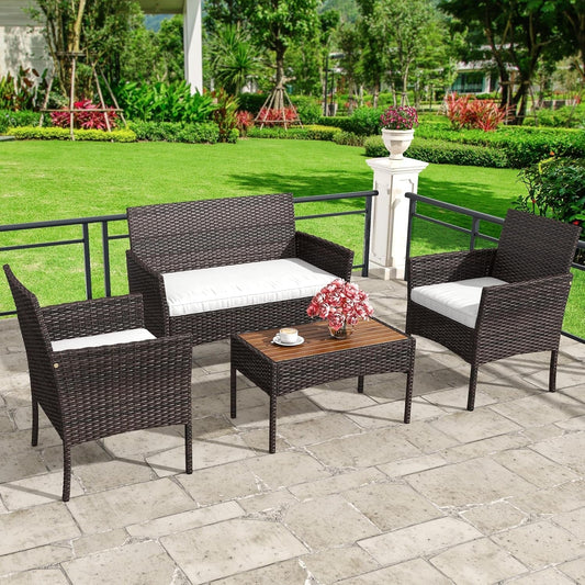 4-Piece Patio Bistro Set, All-Weather Outdoor Patio Furniture Rattan Wicker Loveseat Conversation Set with Wooden Side Table and Soft Cushions, Brown+Beige-0