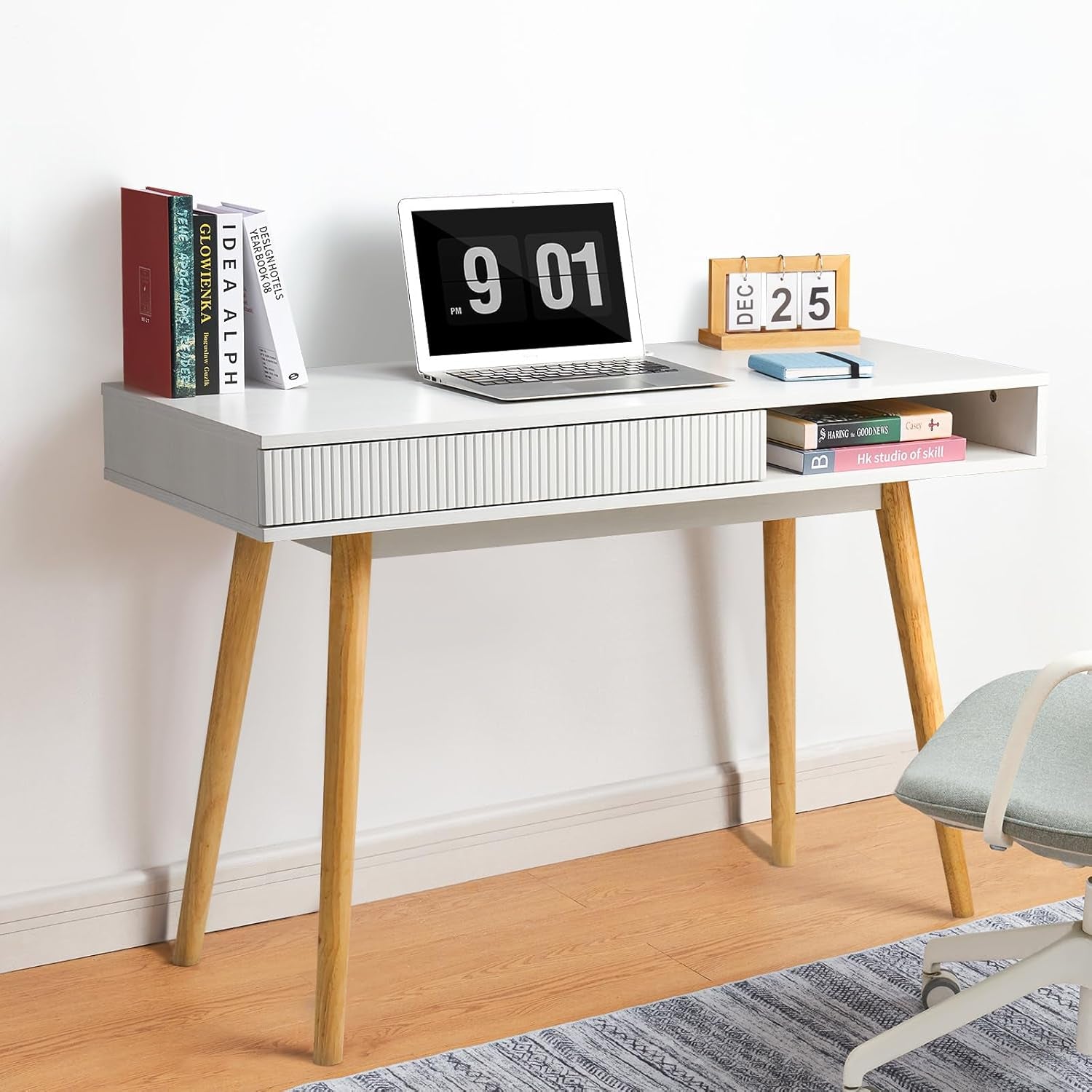 White Writing Desk Modern Desk Wooden Desk with Drawer, Small Office Desk Simple Computer Desk Makeup Table, White Oak-0