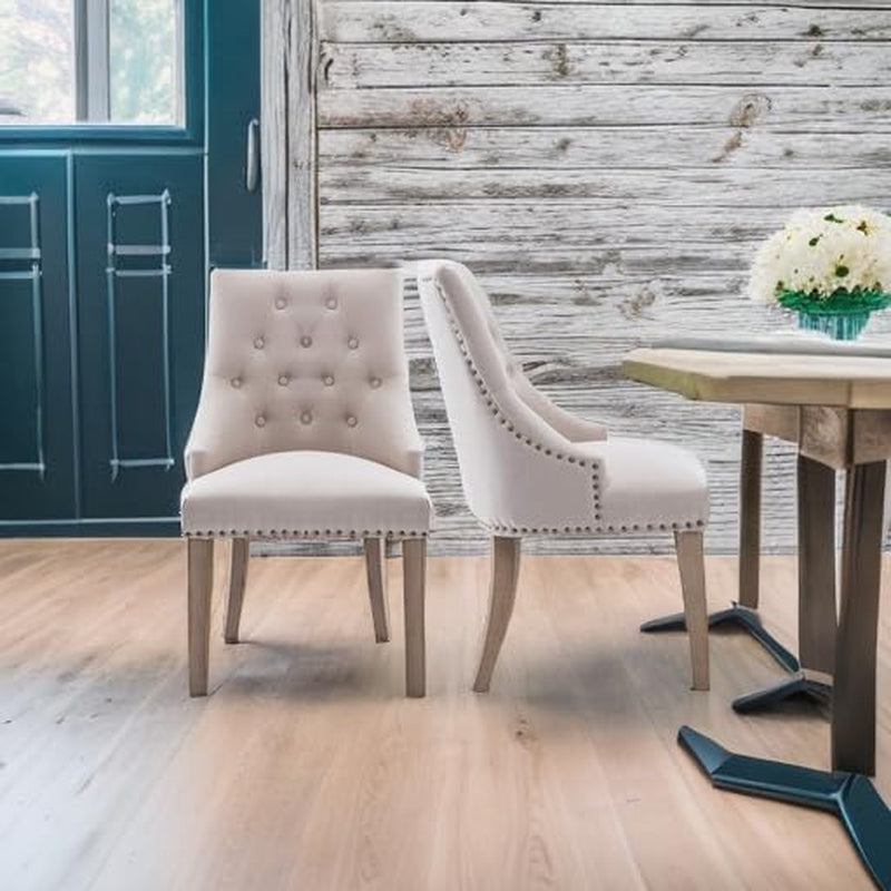 Dining Chair Beige Fabric Leisure Padded Ring Chair, Nailed Trim, Set of 2-1