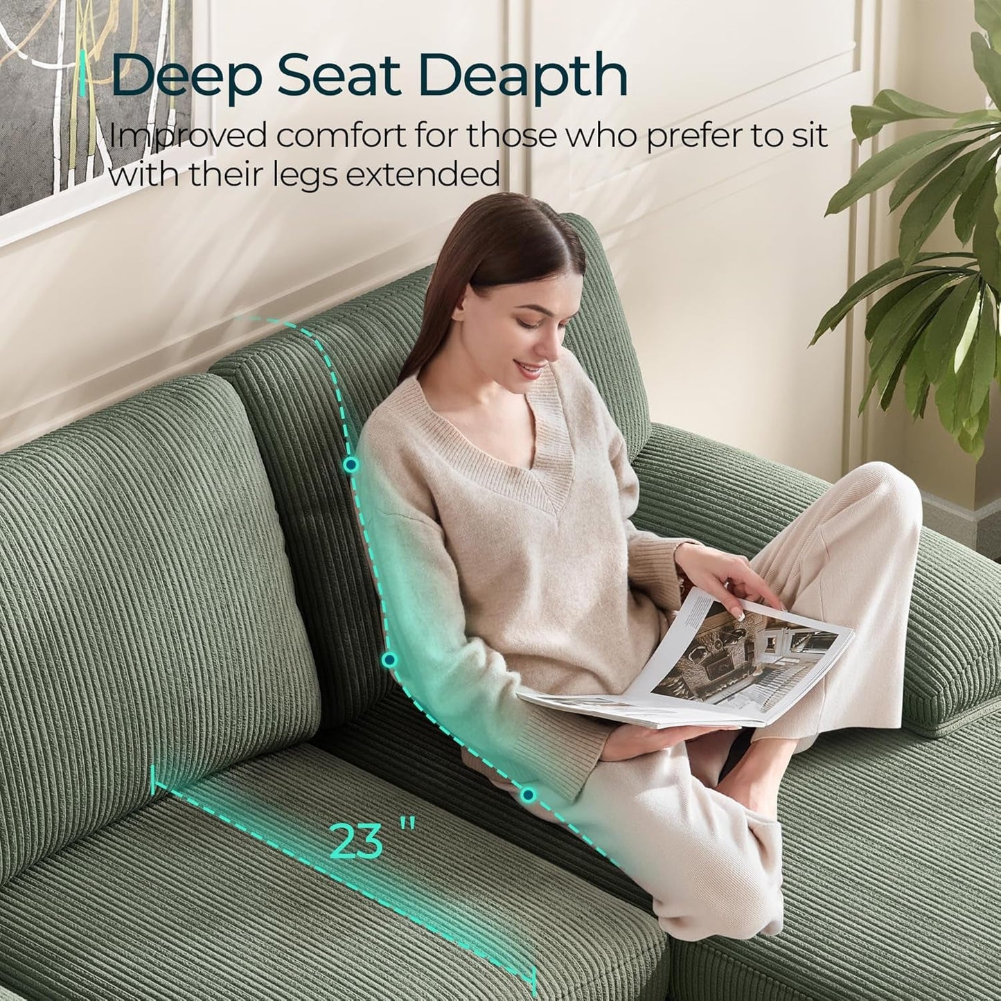 Sectional Couch, 111'' W Corduroy U Shaped Sofa with Sleepable Armrests, 4 Seat Couch with Double Chaises, Deep Sofa for Living Room, Army Green-2