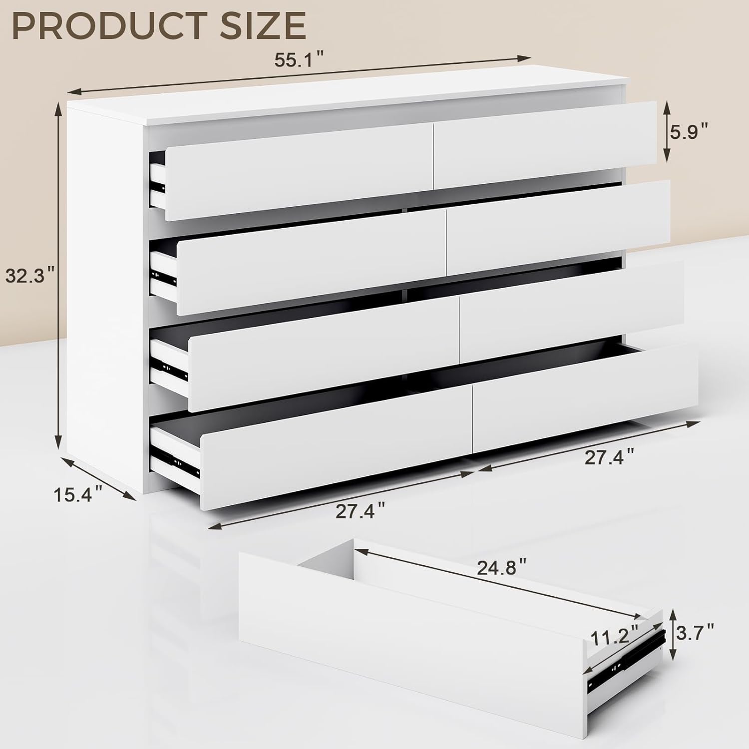 White Wood Dresser for Bedroom, 8 Drawer Dresser for Clothes Storage, Modern Dresser with Wide Drawers, Wide Wooden Chest Drawers for Living Room, Entryway, TV Stand(55" W X15.4 Dx32.3 H)-1