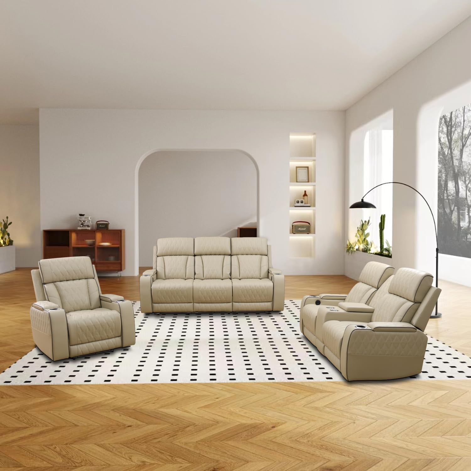 Power Reclining Sofa Set, Living Room Furniture Set with USB Ports, Leather Recliner Couches Set for Living Room/Apartment/Office/Home Theather (Khaki, Sofa+Loveseat+Chair)-0