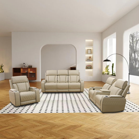 Power Reclining Sofa Set, Living Room Furniture Set with USB Ports, Leather Recliner Couches Set for Living Room/Apartment/Office/Home Theather (Khaki, Sofa+Loveseat+Chair)-0
