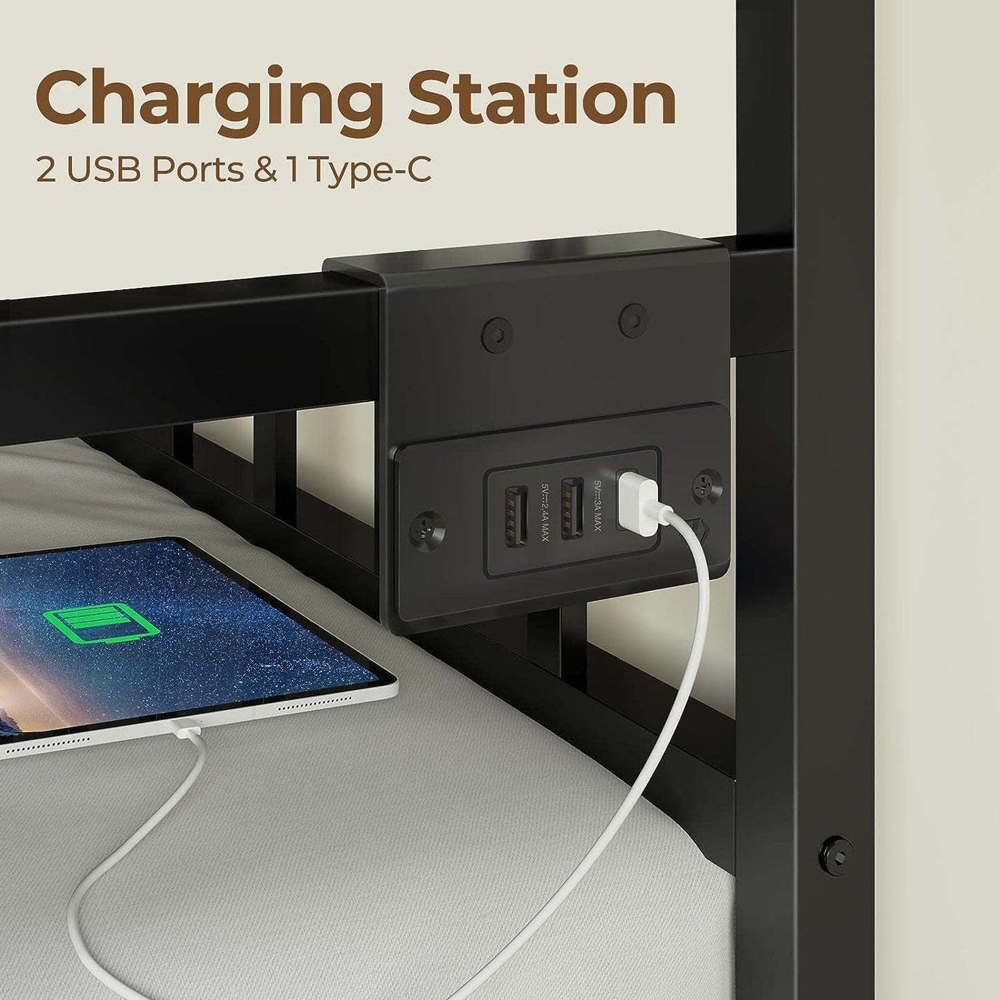 Daybed with Charging Station and LED Lights, Height Adjustable Twin Daybed with Trundle, Metal Sofa Bed Frame with Steel Slat Support for Living Room, Bedroom and Guest Room, Black-3