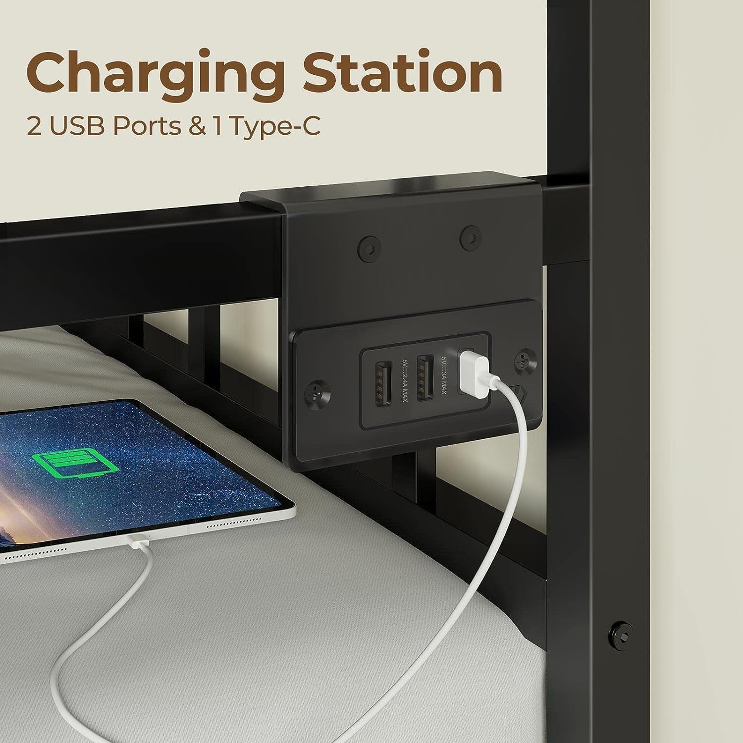 Daybed with Charging Station and LED Lights, Height Adjustable Twin Daybed with Trundle, Metal Sofa Bed Frame with Steel Slat Support for Living Room, Bedroom and Guest Room, Black-3