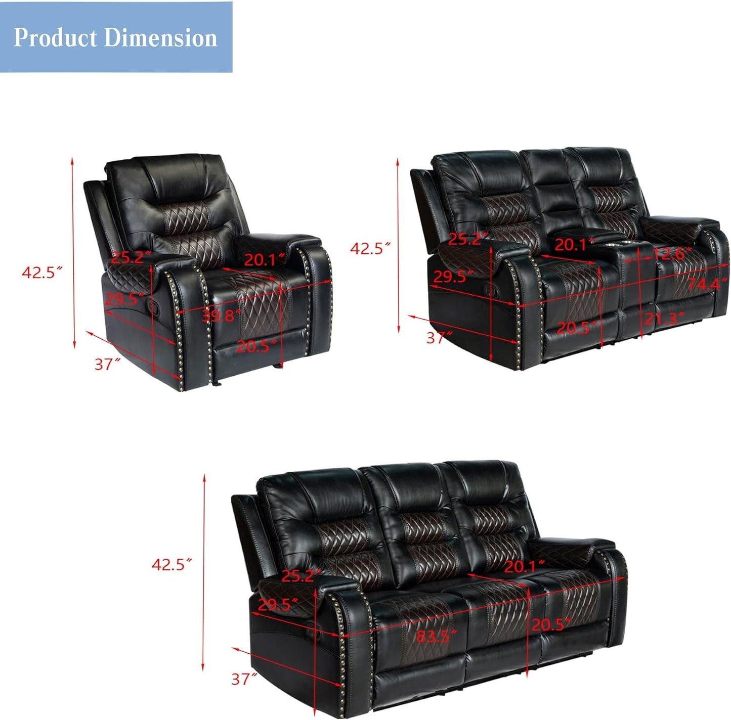 PU Leather Sofa Set, 3 Pieces Living Room Set with Cup Holders, Manual Recliner Sofa &Loveseat & Chair, Black-2