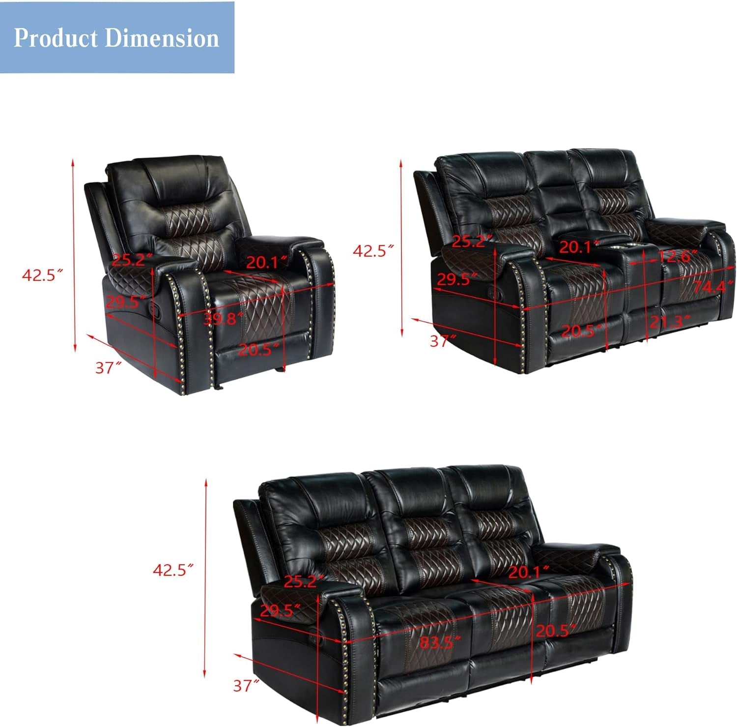 PU Leather Sofa Set, 3 Pieces Living Room Set with Cup Holders, Manual Recliner Sofa &Loveseat & Chair, Black-2