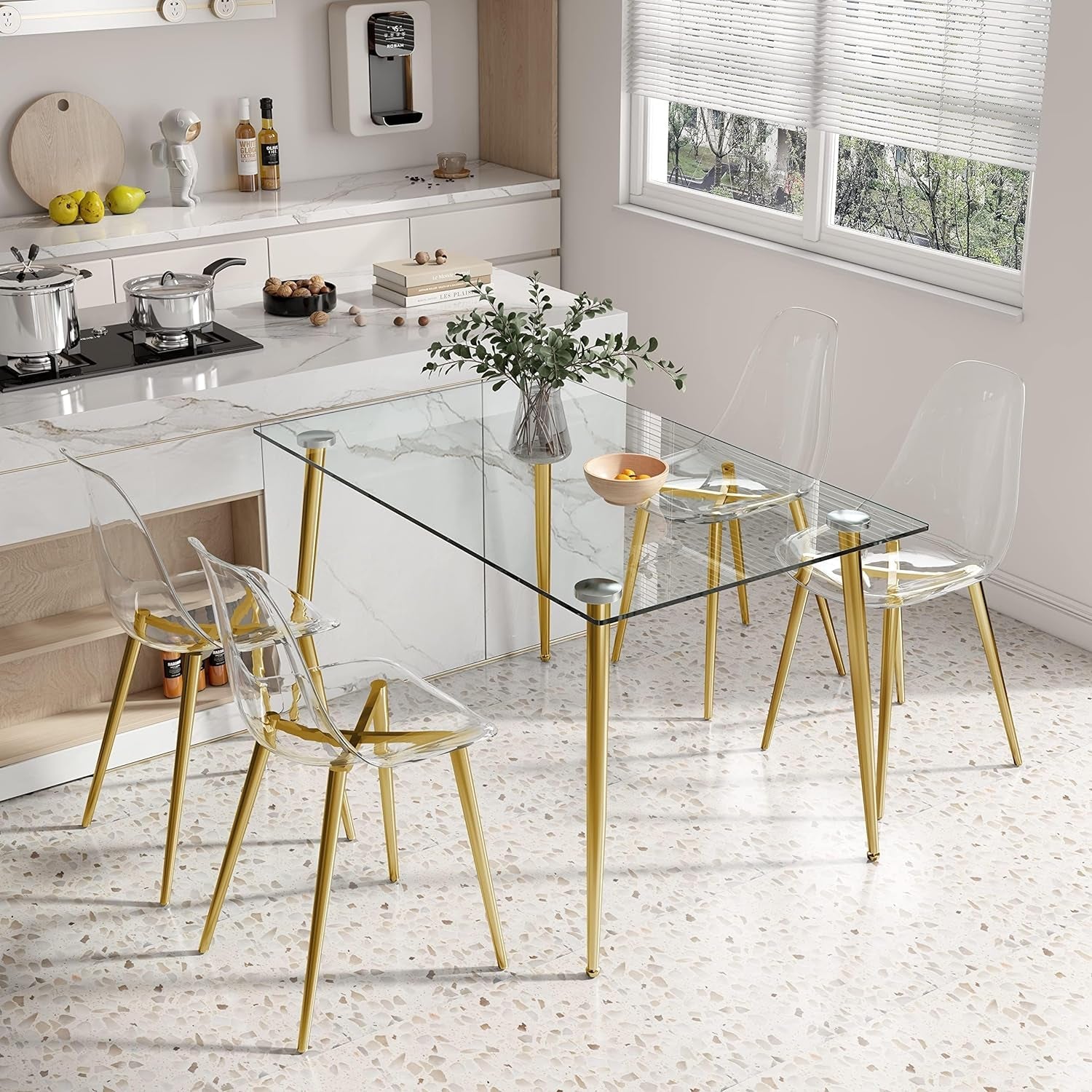 Clear Dining Chairs Set of 4, Modern Kitchen Chairs with Transparent Seat, Acrylic Accent Side Chairs with Plating Metal Legs for Dining Room, Kitchen, Living Room with Gold-3