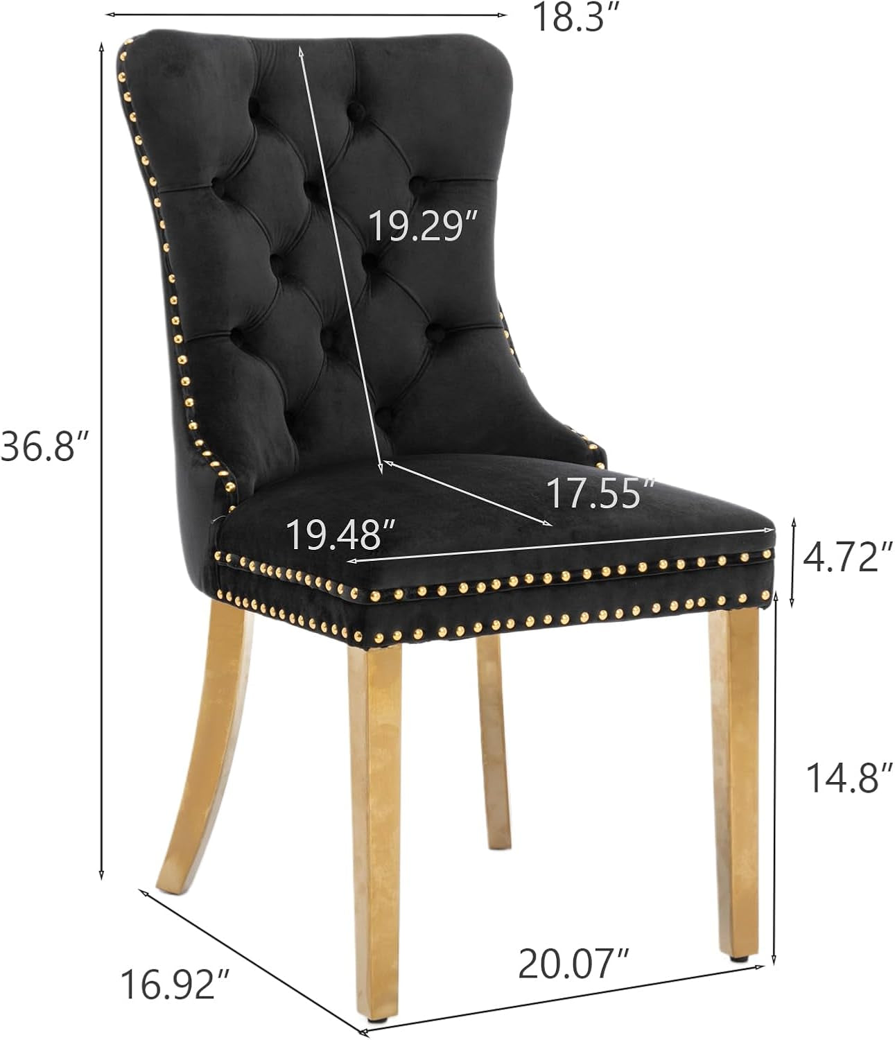 Velvet Dining Chair Set of 2, Upholstered Tufted Dining Room Chair with Nailhead Trim and Stainless Steel Gold Plated Leg for Kitchen, Black-1