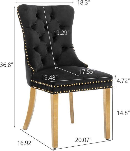 Velvet Dining Chair Set of 2, Upholstered Tufted Dining Room Chair with Nailhead Trim and Stainless Steel Gold Plated Leg for Kitchen, Black-1