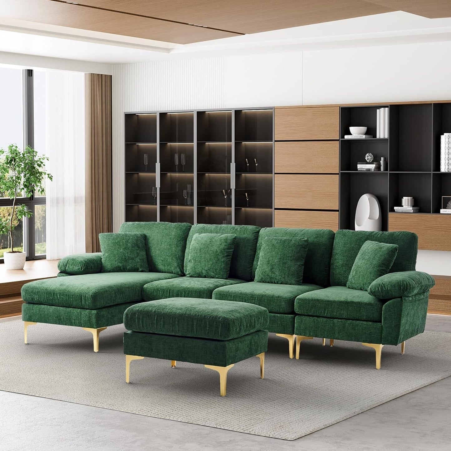 U-Shaped Sectional Sofa Couch, 4 Seat Chenille Sofa Set for Living Room, Convertible L-Shaped Couch Set with Ottoman, Chaise Lounge and 4 Pillows,114 Inches, Dark Green-0