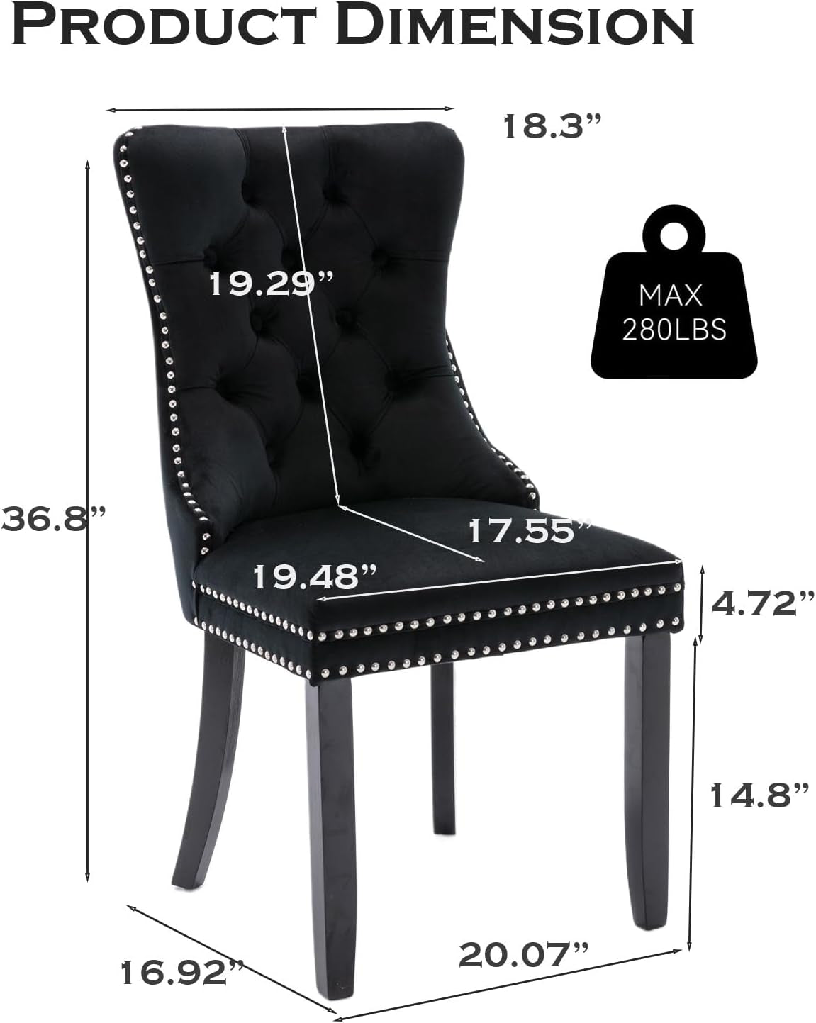 Velvet Upholstered Dining Chairs Set of 4, Modern Style Kitchen Side Chairs with Nailhead Trim and Wood Legs,Metal Pulling Ring for Dining Room Living Room(Black,Set of 4)-2