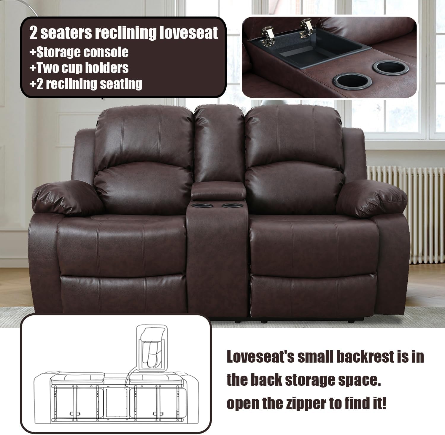 Brown Faux Leather Reclining Living Room Set-3