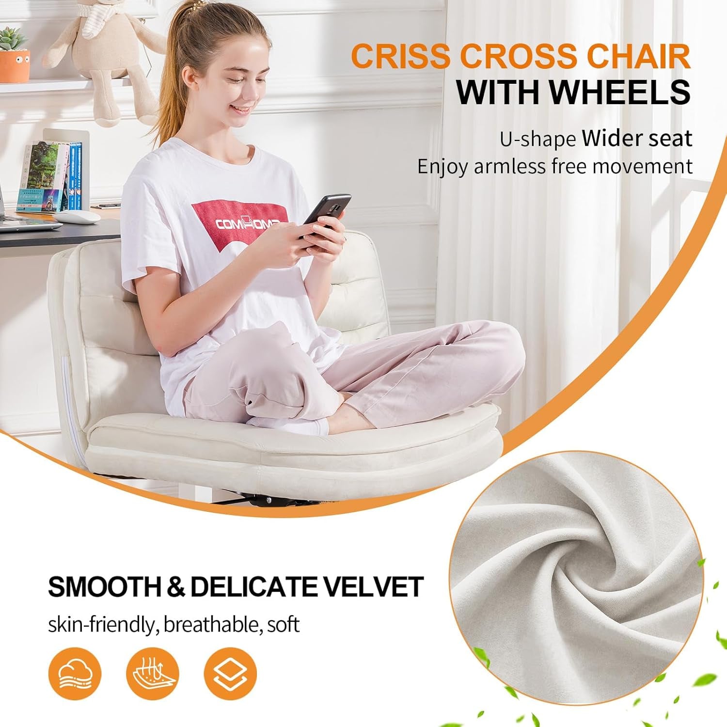Criss Cross Chair with Wheels, Armless Wide Cross Legged Office Chair Mid Back, Modern Home Office Desk Chair Swivel Adjustable Vanity Computer Chair, Beige Velvet-2