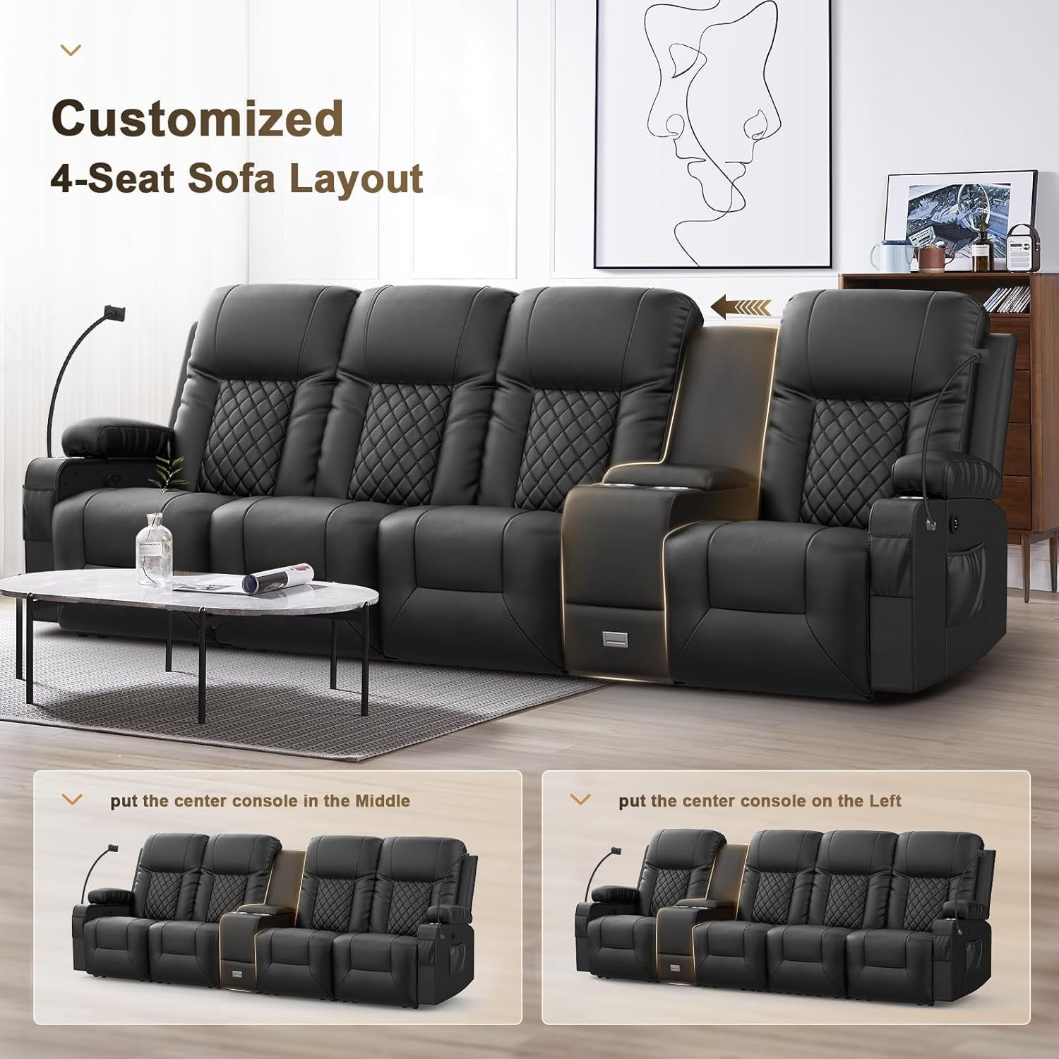 4 Seat Recliner Sofa, Large Reclining Sofa with Storage Console, Manual Reclining Chair with USB Ports, 2 Cell Phone Holder, 4 Seater Recliner Couch for Living Room-2