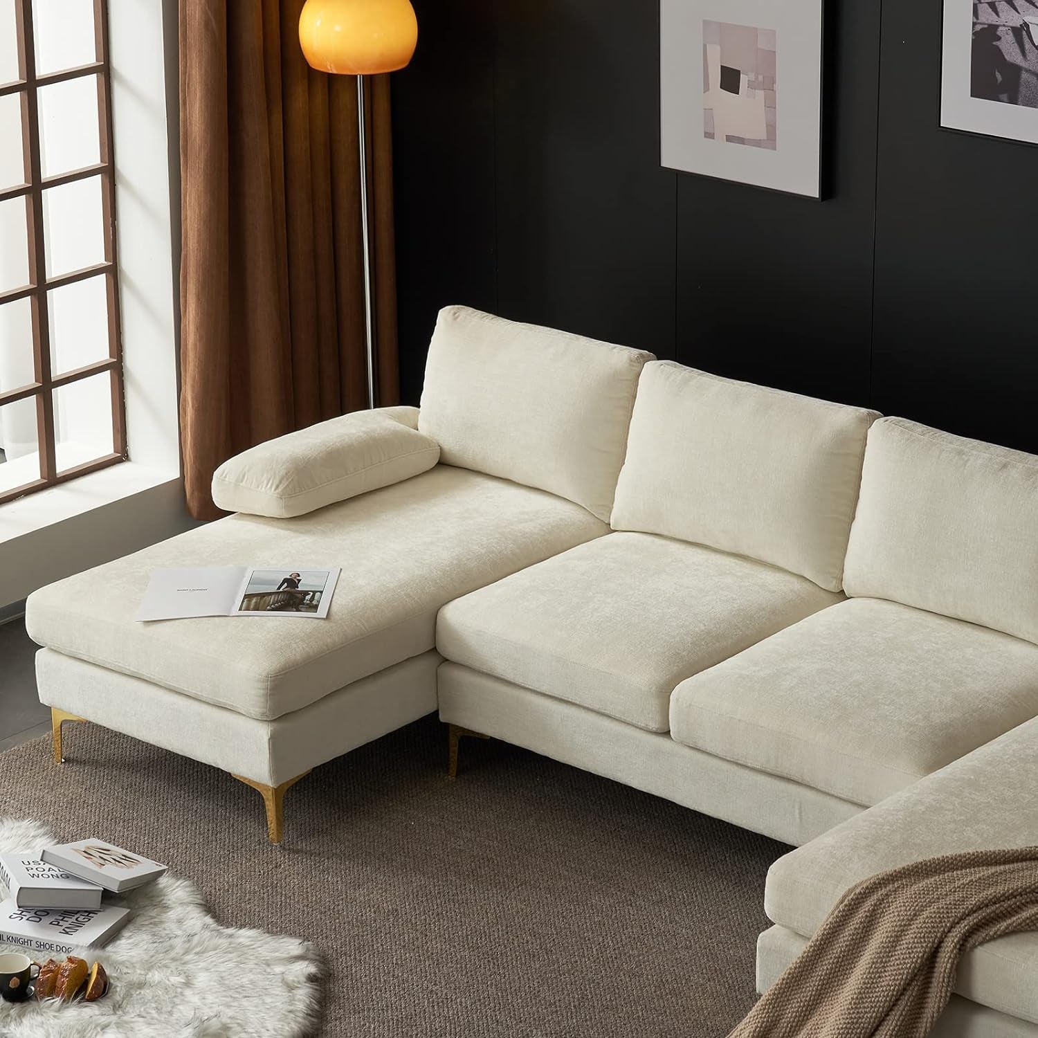 Convertible Sectional Sofa 110" U-Shape Sofa Couch 4-Seat Couch with Chaise Chenillefabric Upholstered for Living Room, Apartment, Office, Creamy White-4