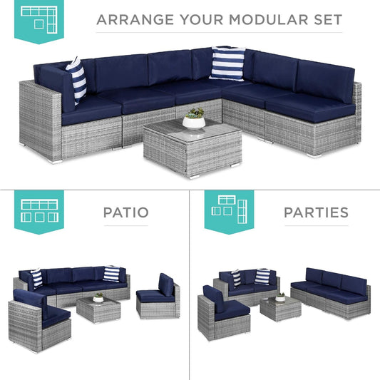 7-Piece Modular Outdoor Sectional Wicker Patio Conversation Set W/ 2 Pillows, Coffee Table, Cover Included - Gray/Navy-1
