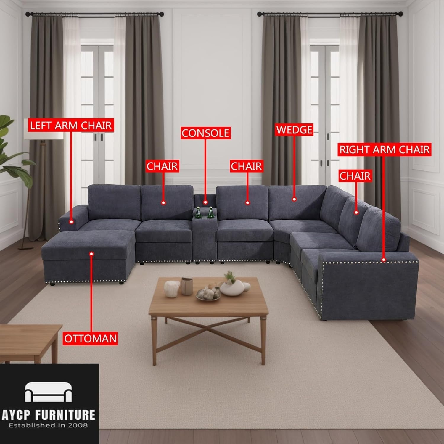 Flannel Modular Sectional Sofa Set, U/L Shape Convertible, Console with USB Charging Ports and Power Sockets for Living Room/House/Bedroom/Office/Apartment (Grey, Oversize with Ottoman), F599X-2