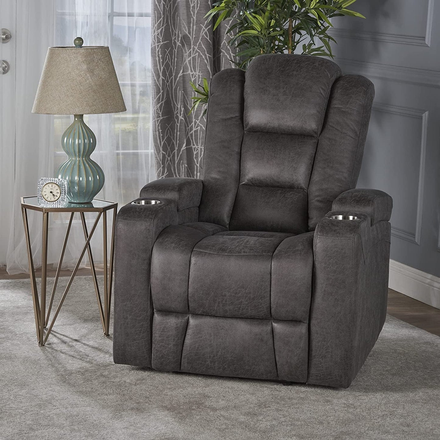 Tufted Microfiber Power Recliner W/Arm Storage and USB Cord, Slate/Black-0