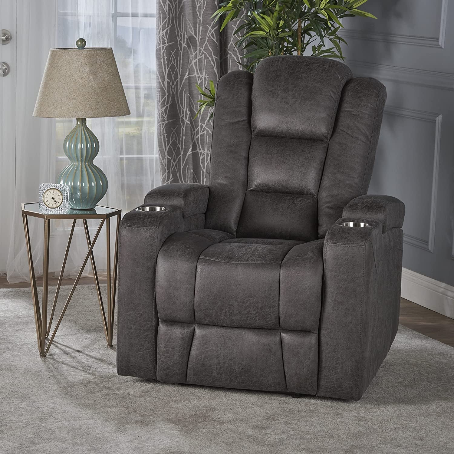 Tufted Microfiber Power Recliner W/Arm Storage and USB Cord, Slate/Black-0