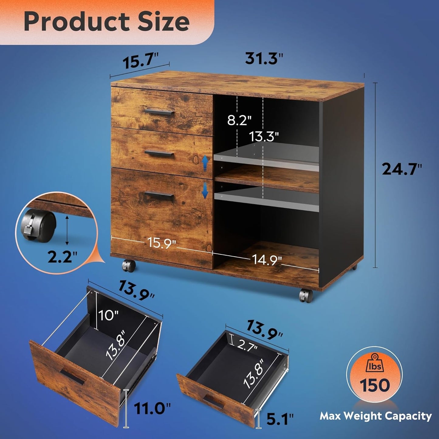 3 Drawer Mobile File Cabinet, Wood Lateral Filing Cabinet, Printer Stand with Open Shelves for Home Office, Rustic Brown-2