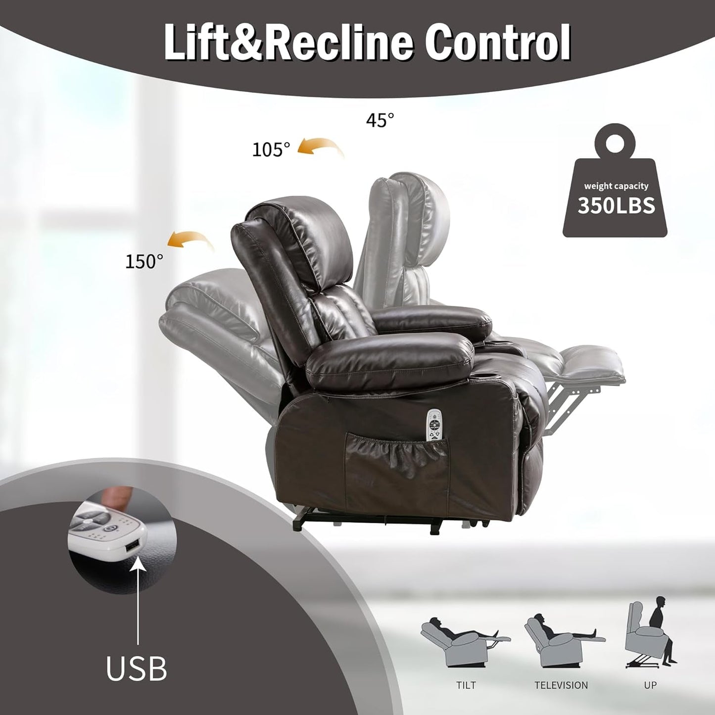Brown XL Power Lift Recliner Massage Heat Elderly USB-3