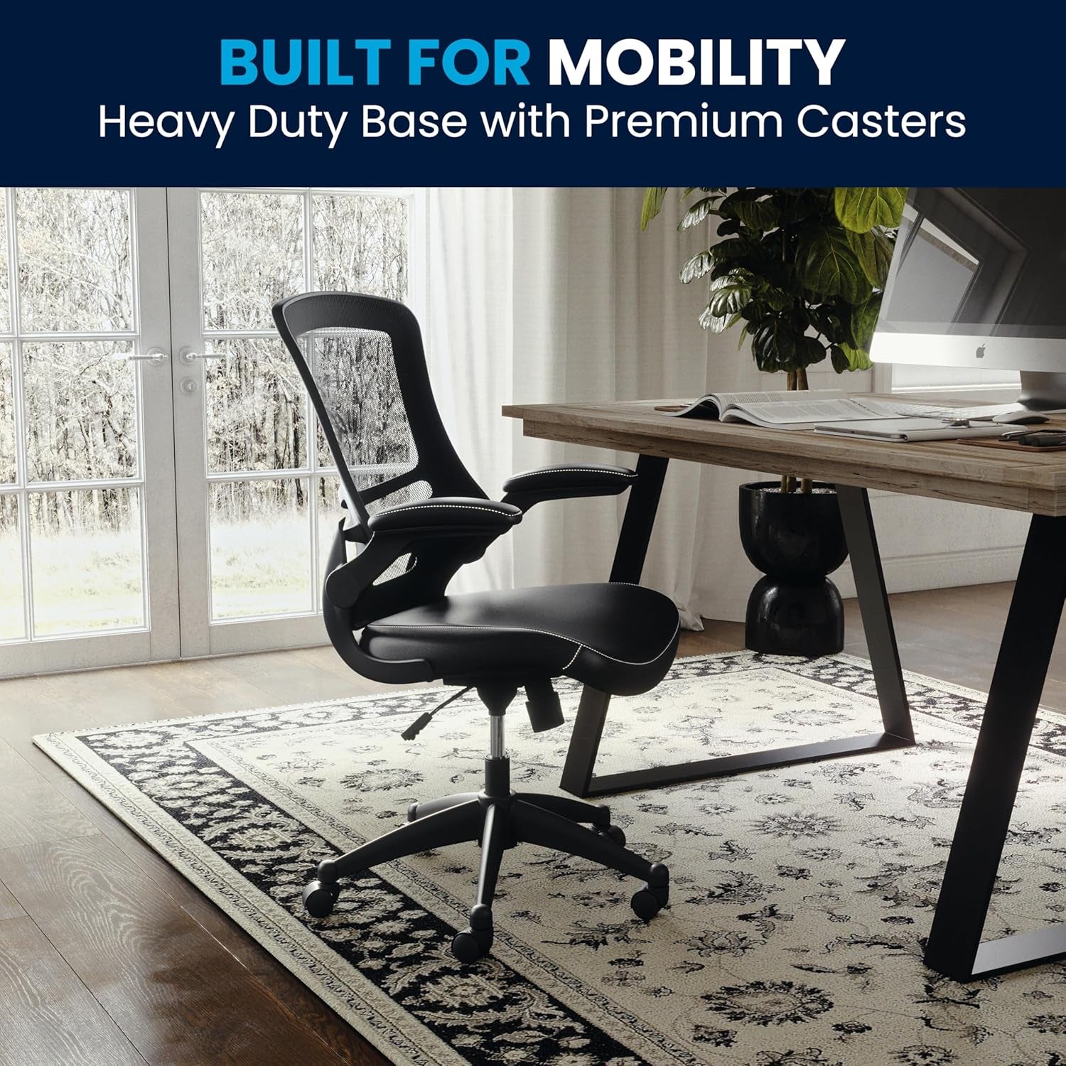 Kelista Mid-Back Swivel Office Chair with Adjustable Seat Height, Ergonomic Mesh Desk Chair with Leathersoft Seat, Black-4